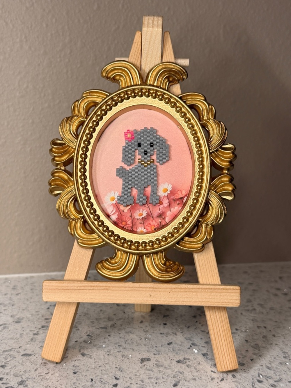 Mini Beaded Poodle Art in Gold Frame – Handmade Dog Decor - Picture 2 of 4